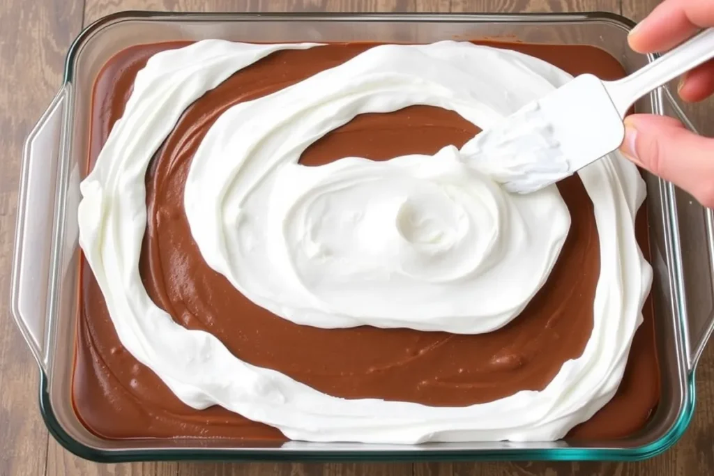 Spreading Cool Whip over the chocolate pudding layer in the Oreo dessert recipe.