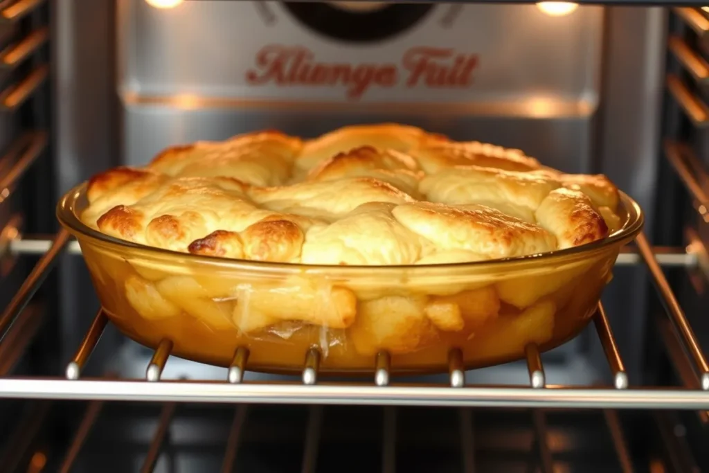 Golden-brown Apple Pie Cobbler Bars baking in the oven, with caramelized apple filling visible.