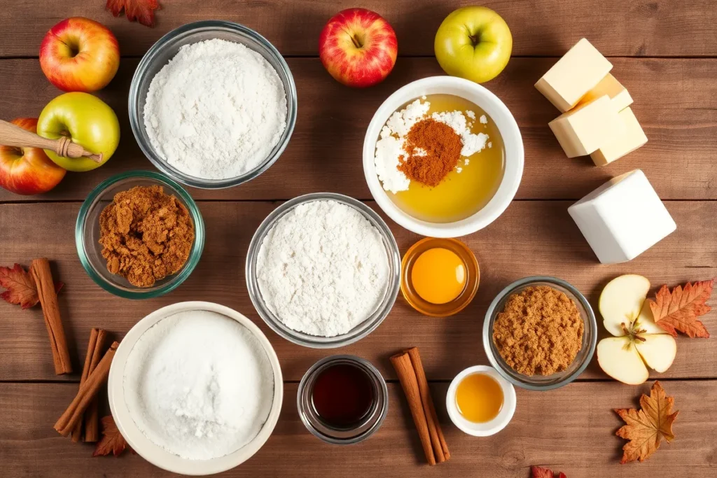 All the ingredients for apple spice cake, including apples, cinnamon, butter, eggs, and sugar, neatly arranged on a wooden table.