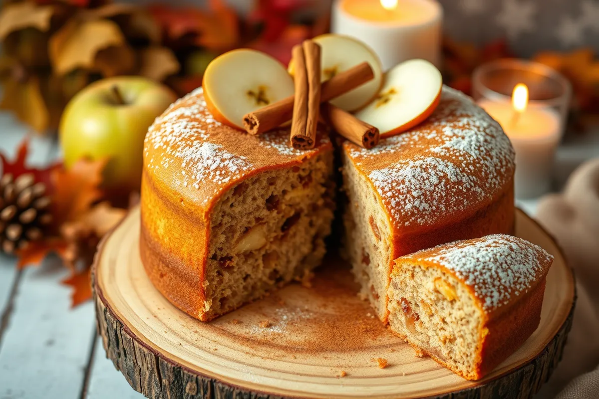 Delicious apple spice cake topped with powdered sugar and garnished with fresh apples, cinnamon sticks, and autumn spices