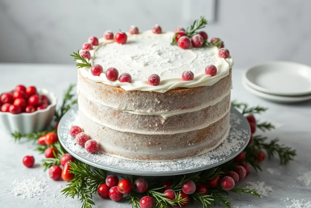 Assembling and decorating the White Christmas Sparkle Cake with frosting, glitter, and festive decorations.