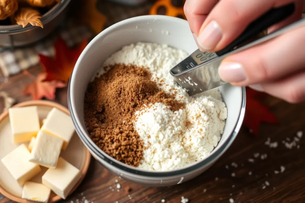 Preparing the chai crumble topping for Pumpkin Bread with Chai Crumble, featuring spices, butter, and sugar in a cozy kitchen.