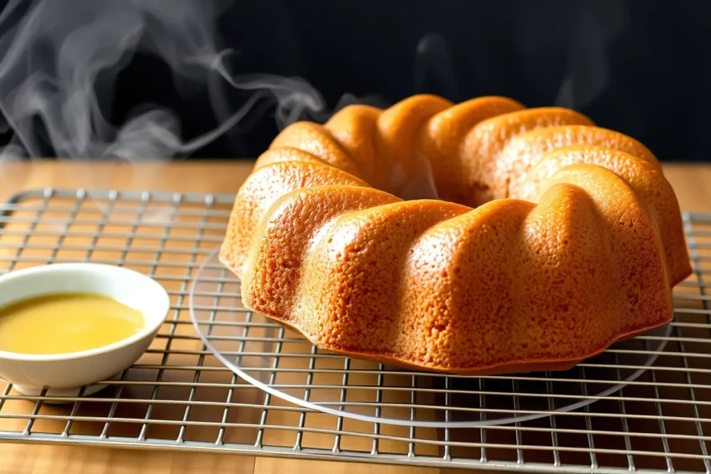 Freshly baked Gingerbread Bundt Cake cooling on a wire rack with a bowl of glaze in the background.