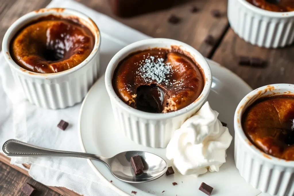 Chocolate pudding cake served in ramekins with molten center, topped with whipped cream and chocolate shavings