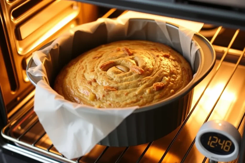 Placing the apple spice cake batter into the oven for baking until golden-brown perfection.