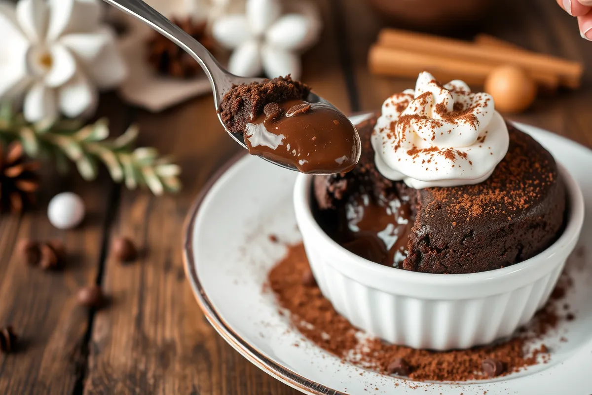 Delicious homemade Chocolate Pudding Cake with whipped cream, revealing a gooey chocolate center.