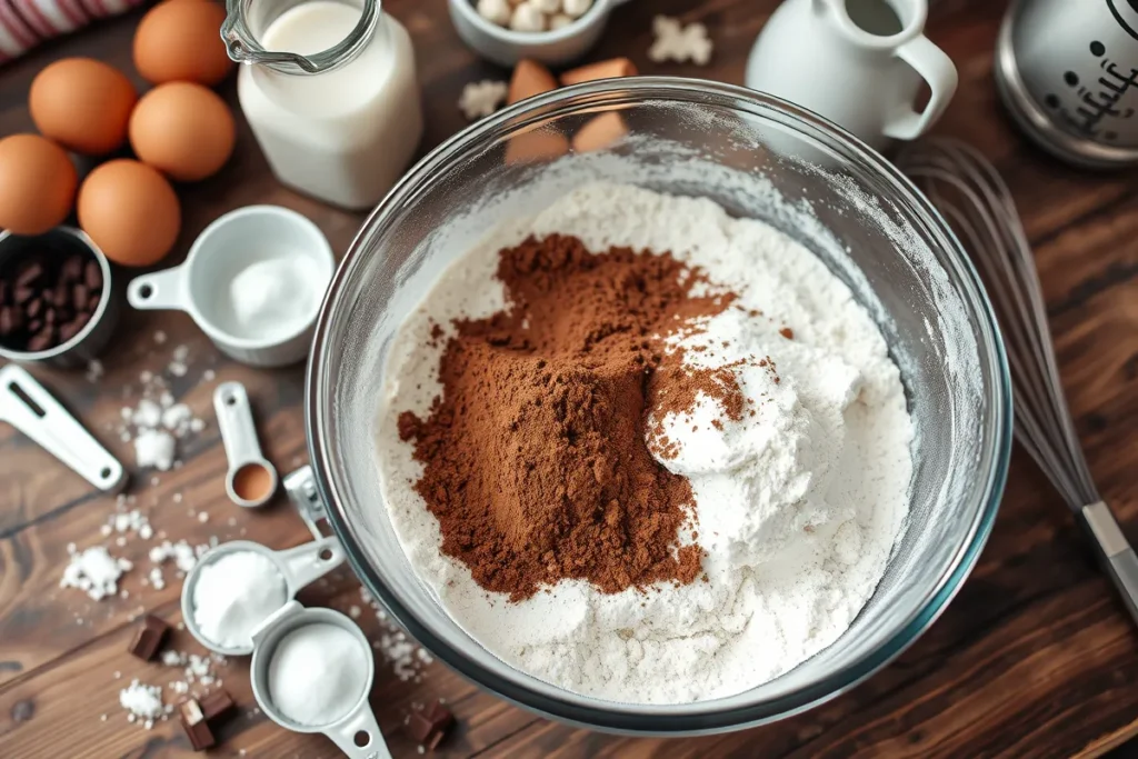 Mixing bowl with cocoa powder, flour, sugar, and baking essentials on a rustic kitchen counter for Matilda Chocolate Cake