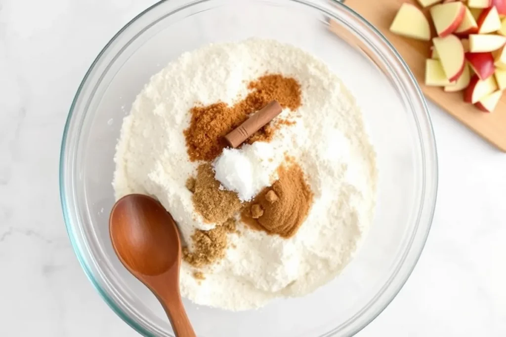 Sifting together flour, cinnamon, nutmeg, and baking soda for the apple spice cake dry ingredients.