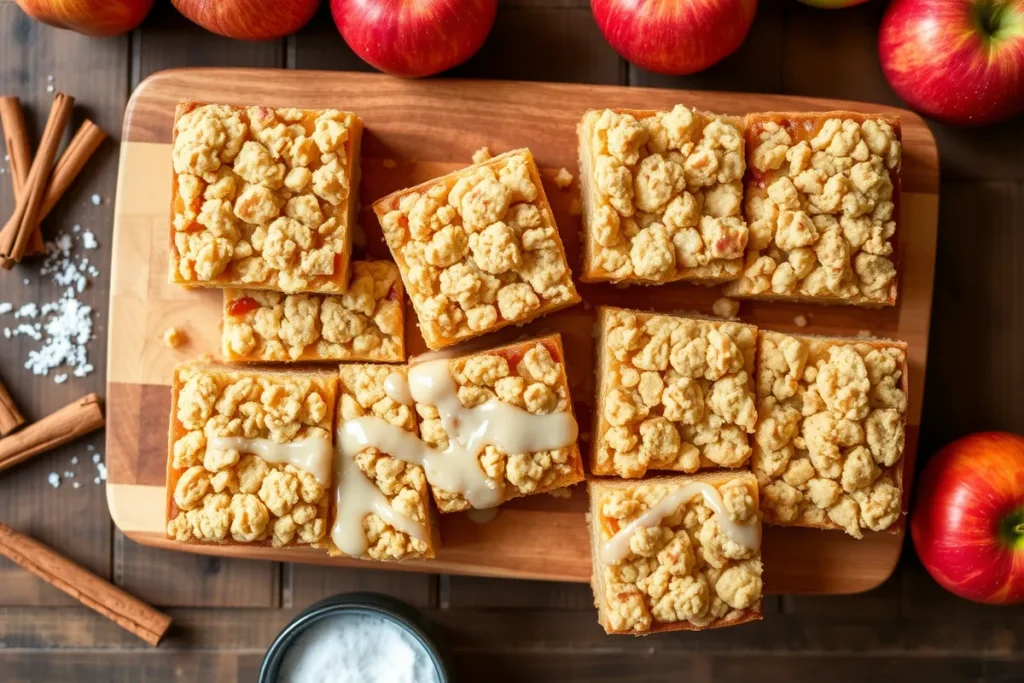 Golden Apple Pie Cobbler Bars with crumbly topping and spiced apple filling, displayed on a wooden board with fresh apples and cinnamon sticks in a cozy kitchen setting.