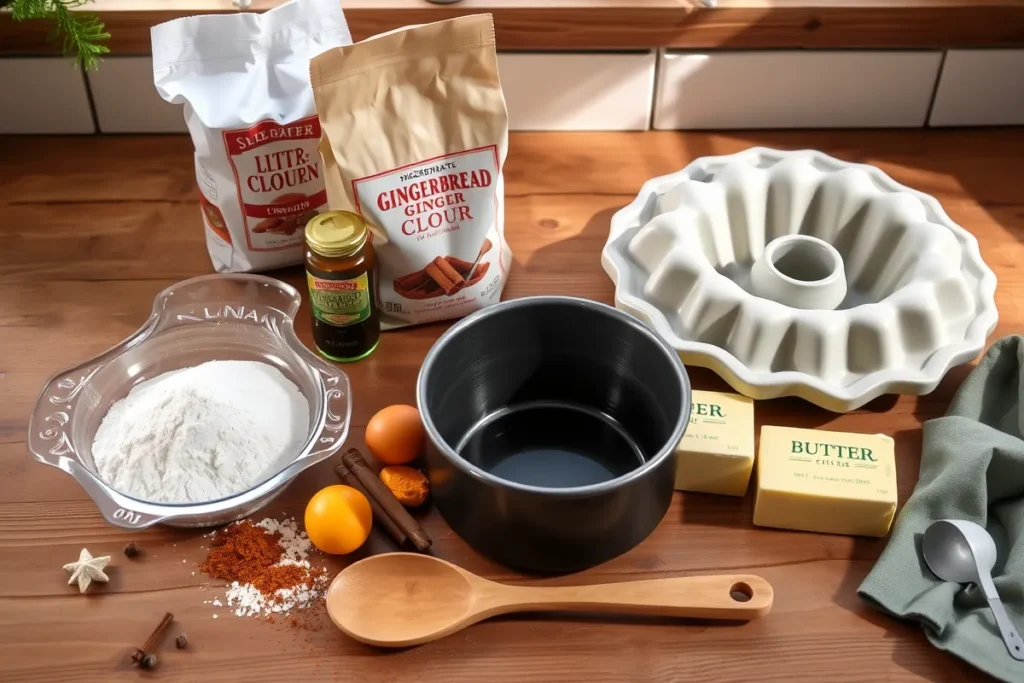 Ingredients for Gingerbread Bundt Cake on a wooden countertop, including flour, spices, molasses, eggs, and butter.