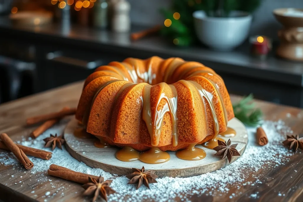 Freshly baked Gingerbread Bundt Cake with maple cinnamon glaze, garnished with holiday spices and festive decor.