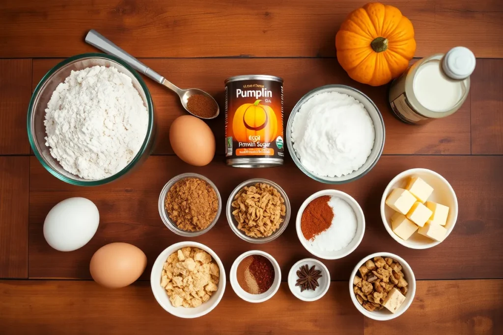 Various ingredients arranged for making pumpkin bread with chai crumble on a wooden table, including spices, sugar, eggs, and pumpkin puree