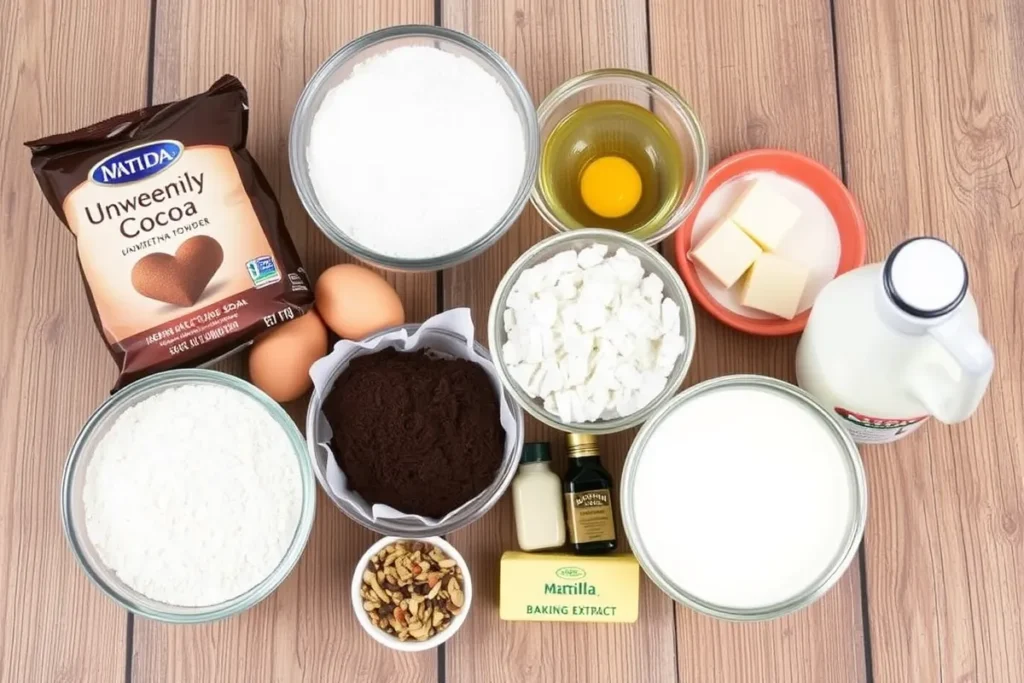 Ingredients for Matilda Chocolate Cake: cocoa powder, sugar, eggs, flour, butter, baking soda, vanilla extract, and buttermilk.