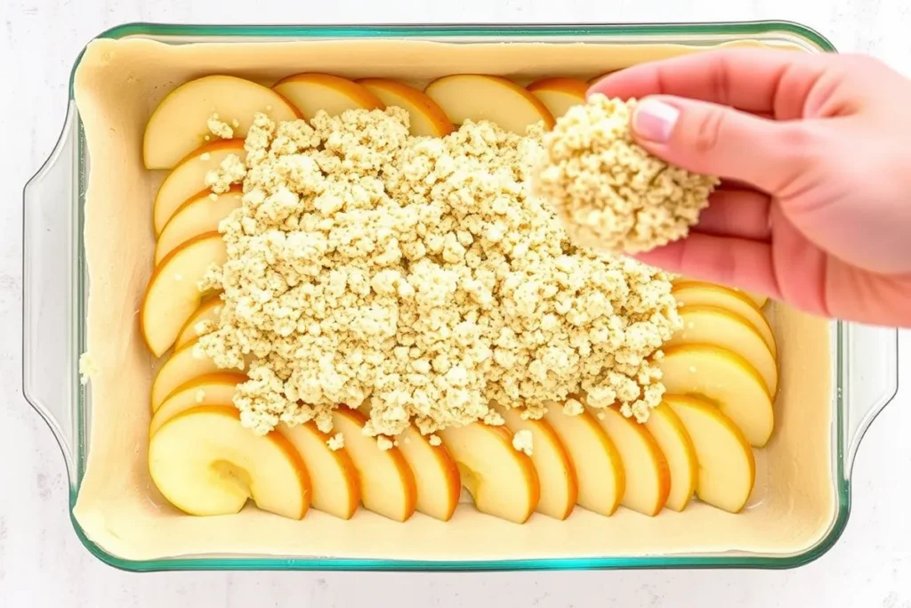 A baking pan showing the crust, apple filling, and crumbly topping layers being assembled for Apple Pie Cobbler Bars.