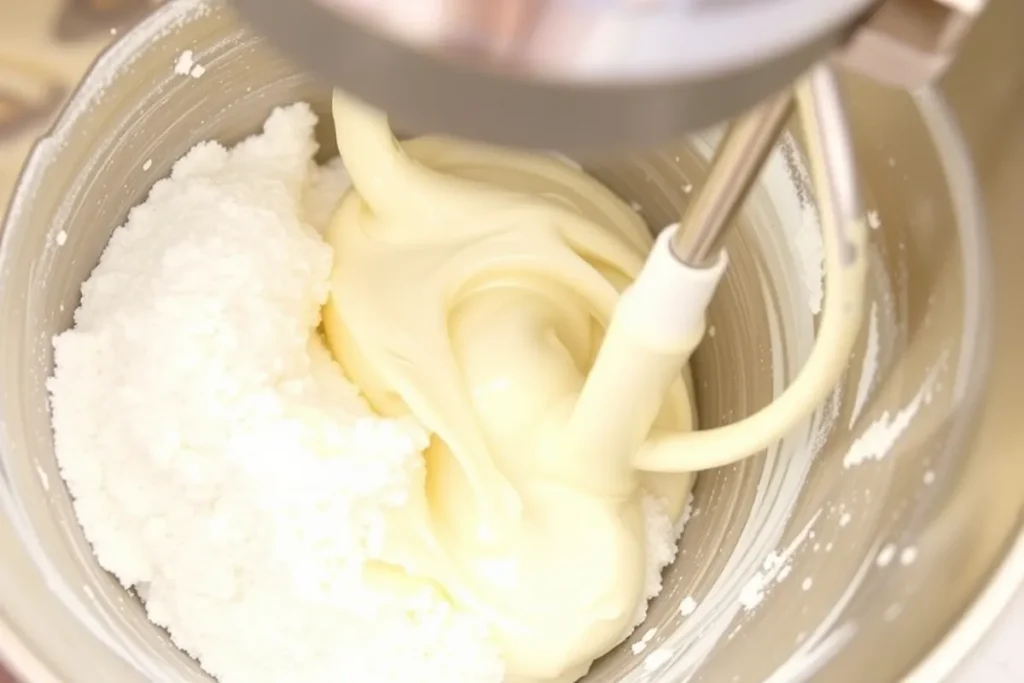 Making the frosting for White Christmas Sparkle Cake with powdered sugar, butter, and heavy cream