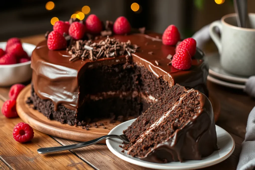 Matilda Chocolate Cake with glossy chocolate frosting, chocolate shavings, and fresh raspberries, sliced to reveal its moist interior, perfect for indulgent occasions.