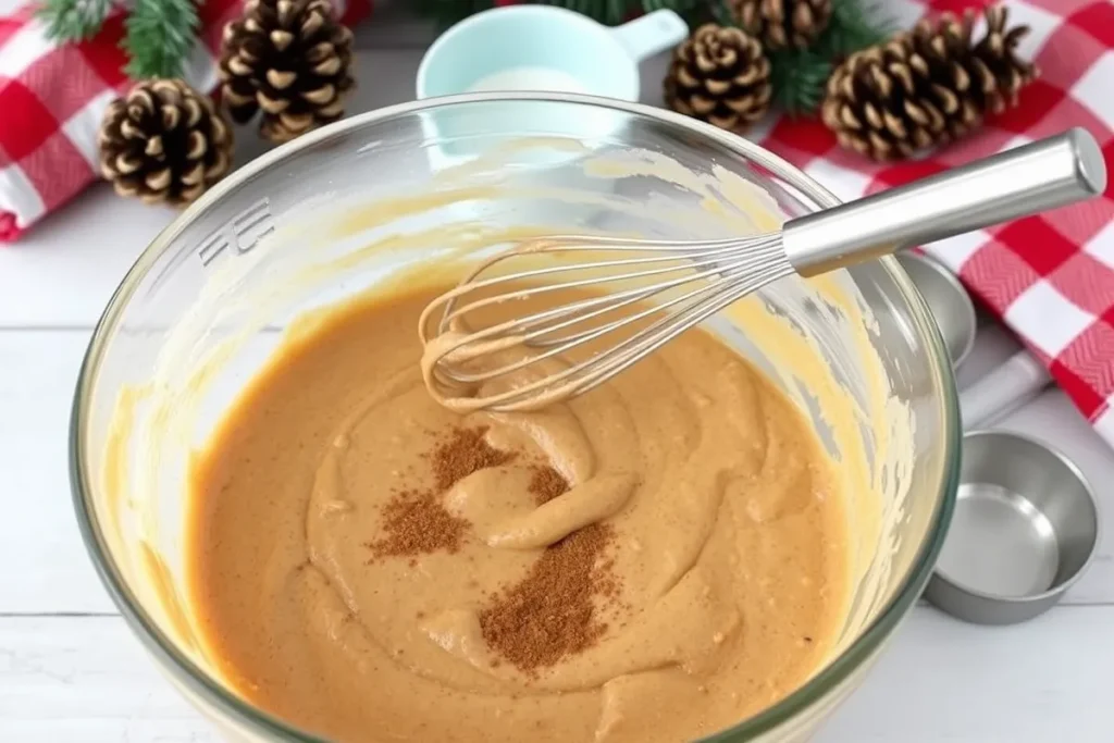 Mixing spiced batter for Gingerbread Bundt Cake in a clear bowl, surrounded by baking tools and holiday decorations.