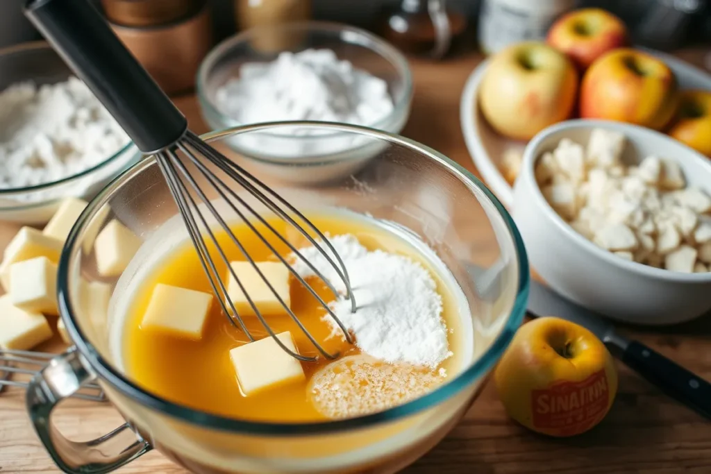 Mixing butter, sugar, eggs, and vanilla extract to make the wet ingredients for apple spice cake.