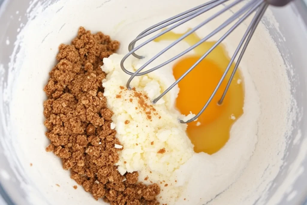 Mixing the ingredients for White Christmas Sparkle Cake batter in a bowl.