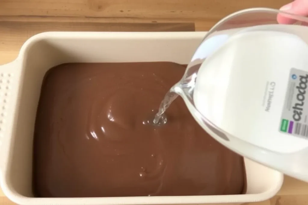 Pouring boiling water over the chocolate cake batter to create a pudding layer.