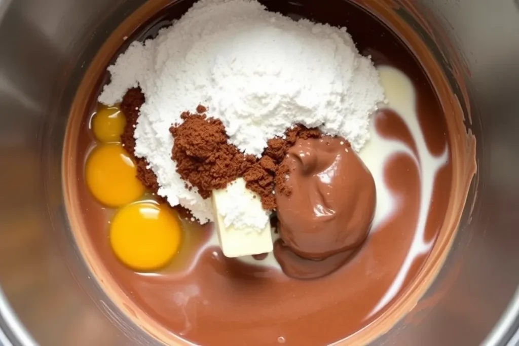 Mixing the ingredients for the chocolate pudding base of the cake.