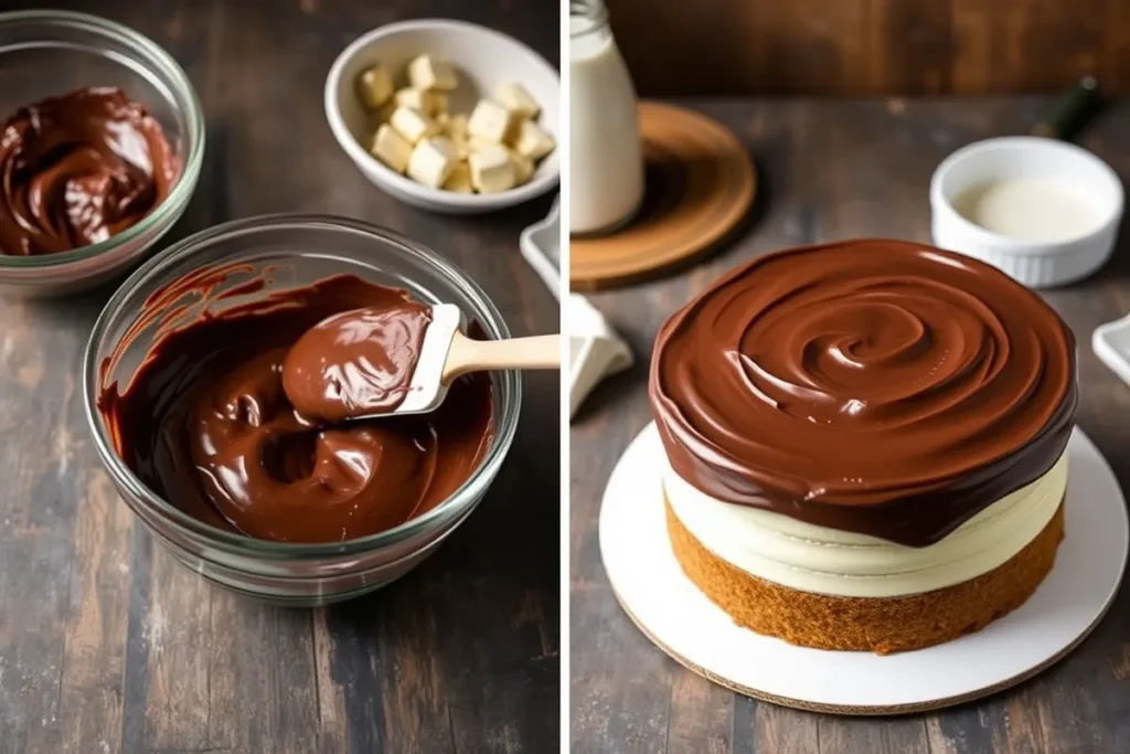 Preparing the frosting and assembling Matilda Chocolate Cake with a smooth ganache. Frosting is being spread evenly on top and sides of the cake.