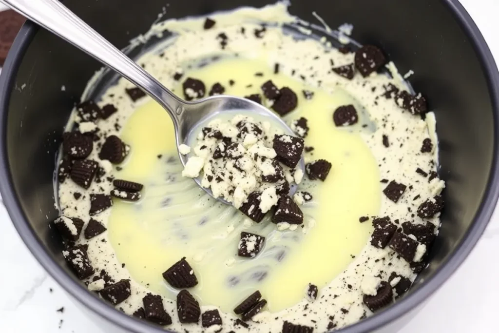 Crushed Oreo cookies mixed with melted butter, preparing the crust for the Oreo dessert recipe