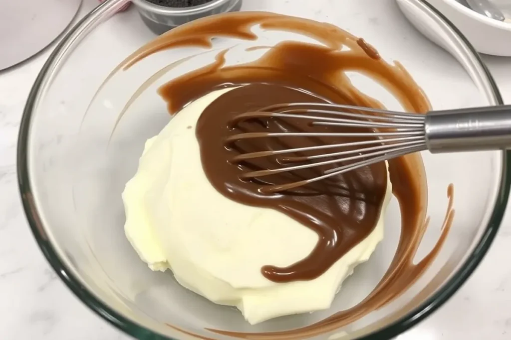 Whisking chocolate pudding to create a thick layer for the Oreo dessert recipe