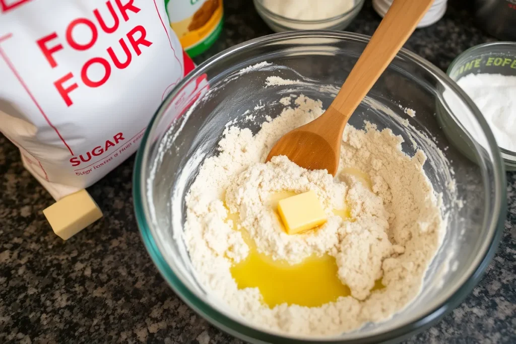 Mixing the crumbly crust and topping for Apple Pie Cobbler Bars, with flour, butter, and sugar ingredients in view.
