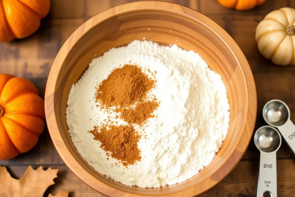 Dry ingredients for Pumpkin Bread with Chai Crumble, including flour, cinnamon, nutmeg, and ginger, in a rustic kitchen