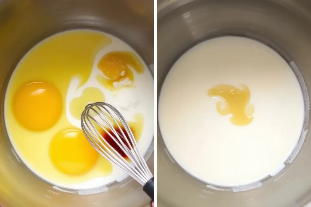 Mixing wet ingredients for Matilda Chocolate Cake, including eggs, milk, and oil.