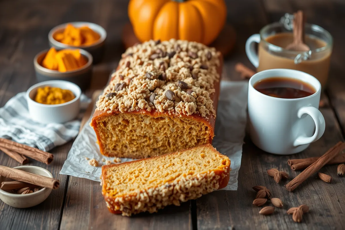 Freshly baked Pumpkin Bread with Chai Crumble sliced on a wooden table, showcasing its moist texture and spiced crumble topping, surrounded by fall ingredients and a cup of chai tea