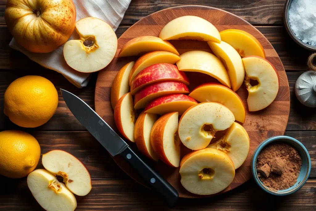  Thinly sliced apples on a cutting board with lemon and cinnamon-sugar mixture, ready for the filling of Apple Pie Cobbler Bars.