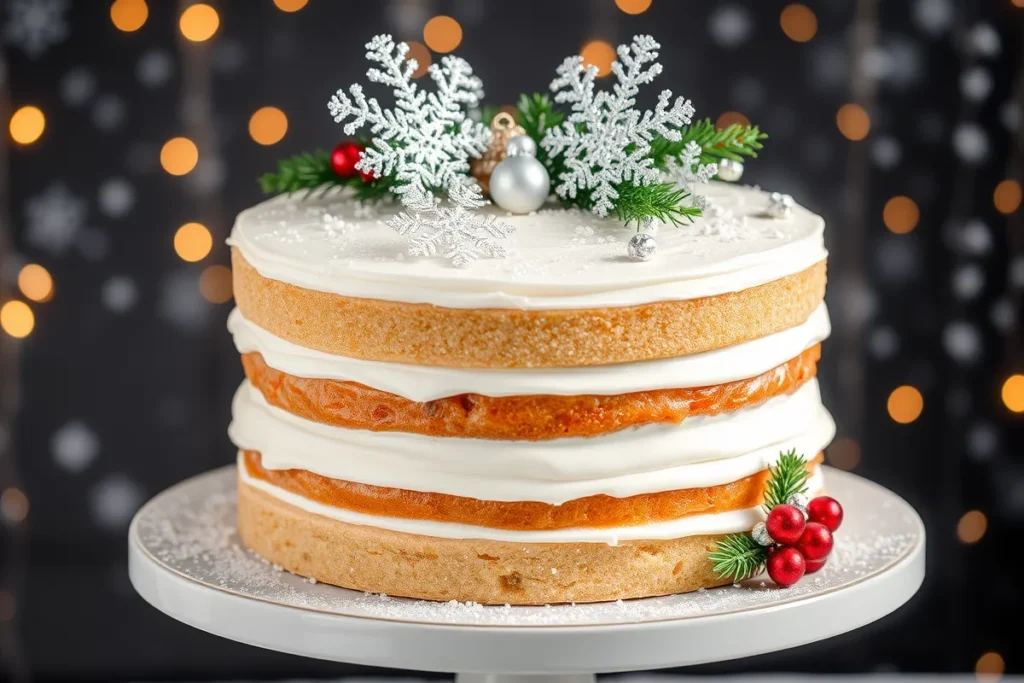 White Christmas Sparkle Cake decorated with shimmering glitter and silver snowflakes, set on a festive cake stand with a wintery holiday backdrop