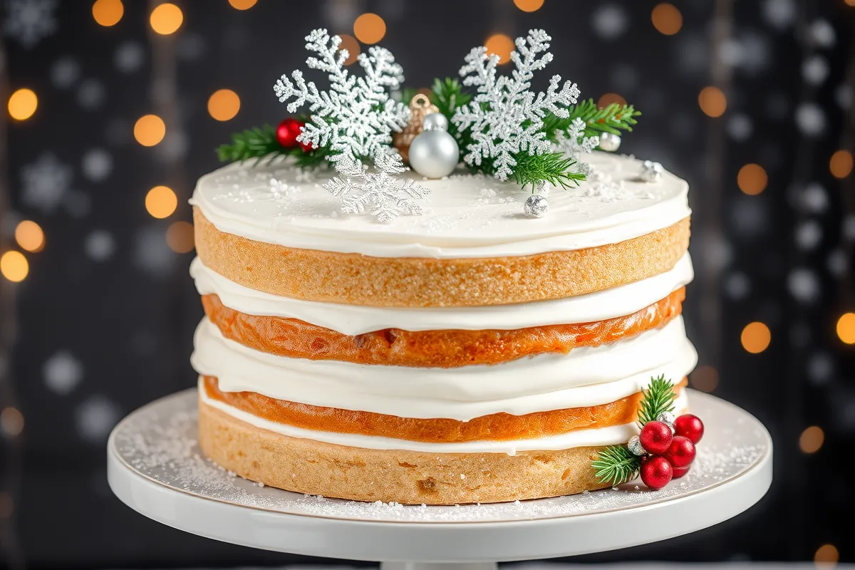 White Christmas Sparkle Cake decorated with shimmering glitter and silver snowflakes, set on a festive cake stand with a wintery holiday backdrop