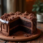 A moist, rich Matilda chocolate cake with smooth frosting and chocolate shavings, inspired by the famous movie scene