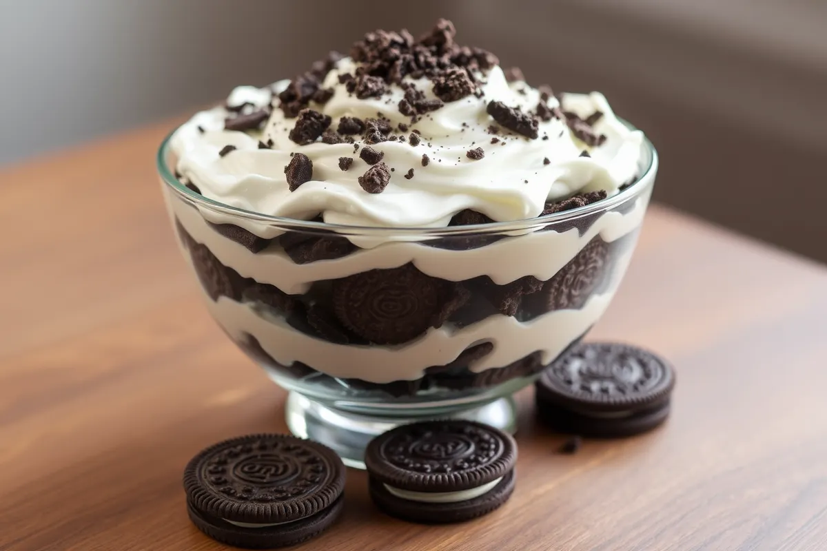 Delicious layered Oreo dessert with crushed Oreo cookies, creamy filling, and whipped cream topping, garnished with more crushed Oreos and chocolate shavings, served on a wooden table