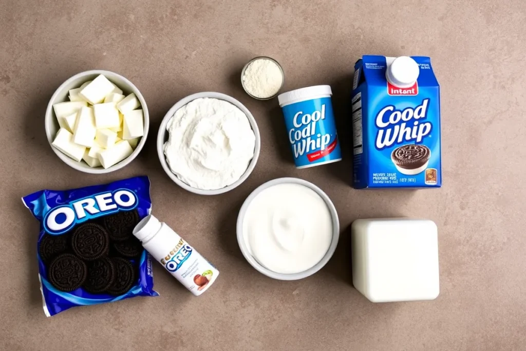 Flat lay of ingredients for Oreo dessert recipe: Oreo cookies, cream cheese, powdered sugar, Cool Whip, chocolate pudding mix, and milk, arranged neatly on a kitchen countertop.