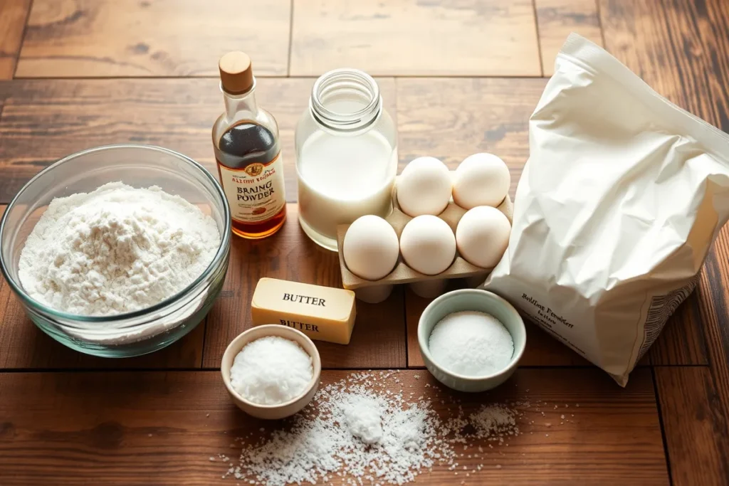 A cozy, festive scene of ingredients for White Christmas Sparkle Cake, including flour, sugar, eggs, vanilla extract, and coconut flakes with a touch of edible glitter.