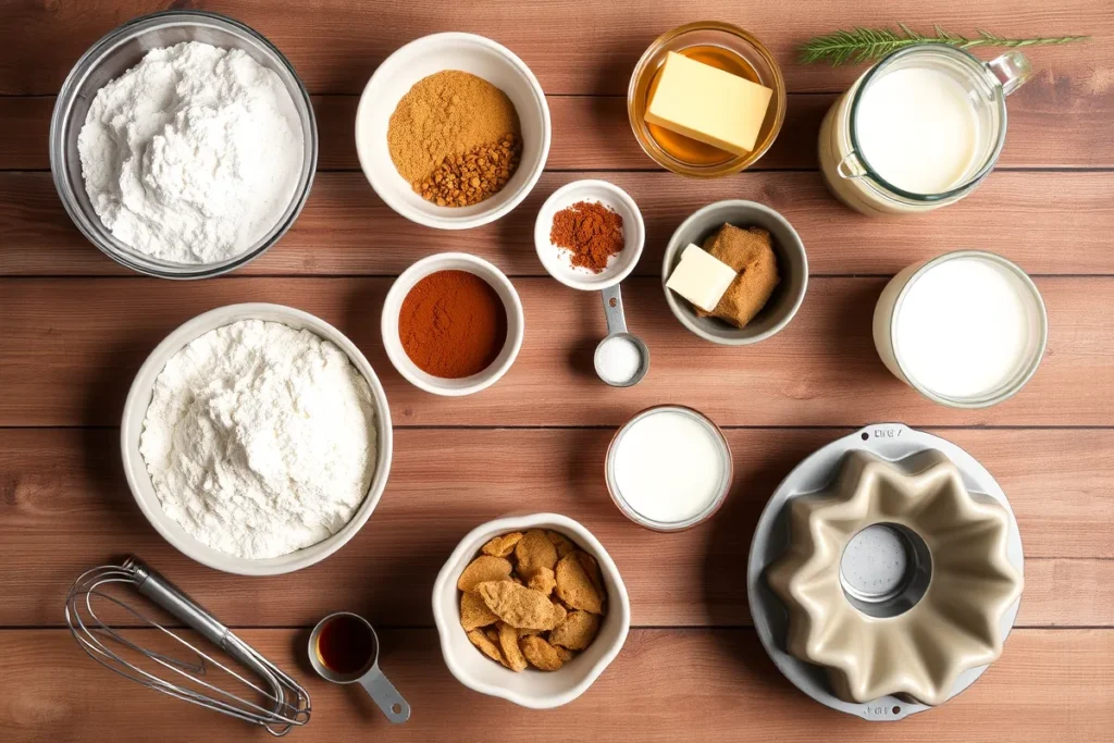 "Ingredients for Gingerbread Bundt Cake including flour, spices, molasses, eggs, butter, and brown sugar, arranged on a wooden table with baking tools.