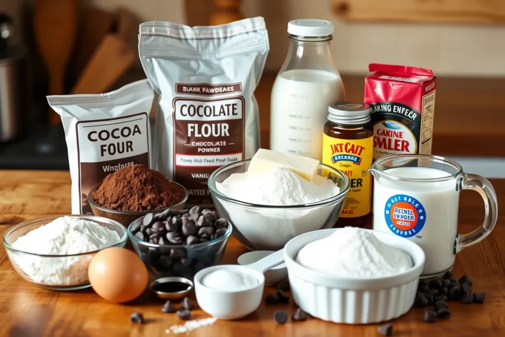 Ingredients for Chocolate Pudding Cake, including flour, cocoa powder, sugar, eggs, butter, milk, and vanilla extract on a wooden countertop.