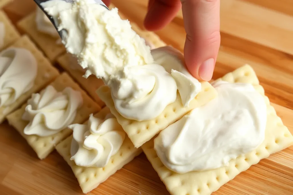 Filling puff pastry squares with cream cheese mixture for cream cheese puff pastry recipe