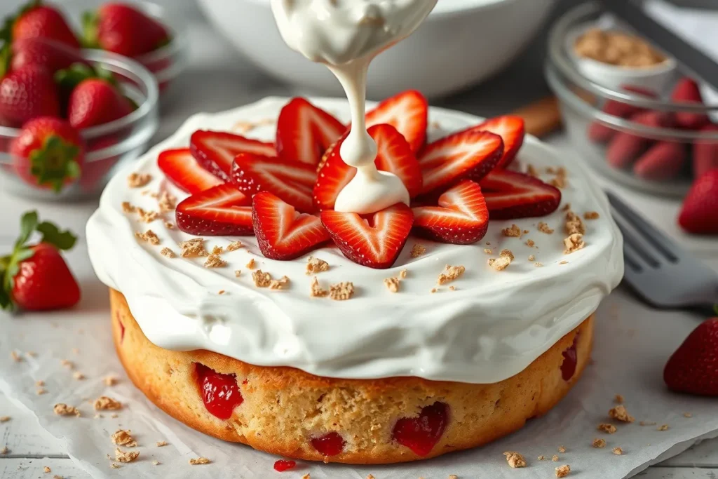 Strawberry poke cake topped with whipped cream, fresh strawberry slices, and crushed graham crackers, creating a visually appealing and mouthwatering dessert.