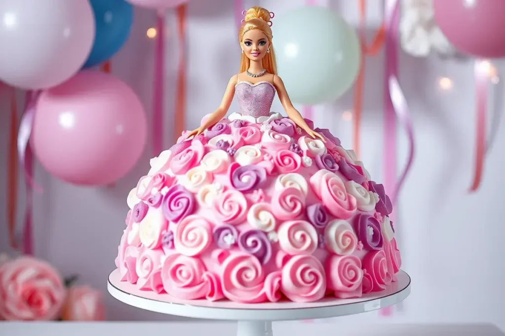 Barbie doll cake with a pink and purple frosting gown, detailed with swirls and flowers, perfect for birthday celebrations.