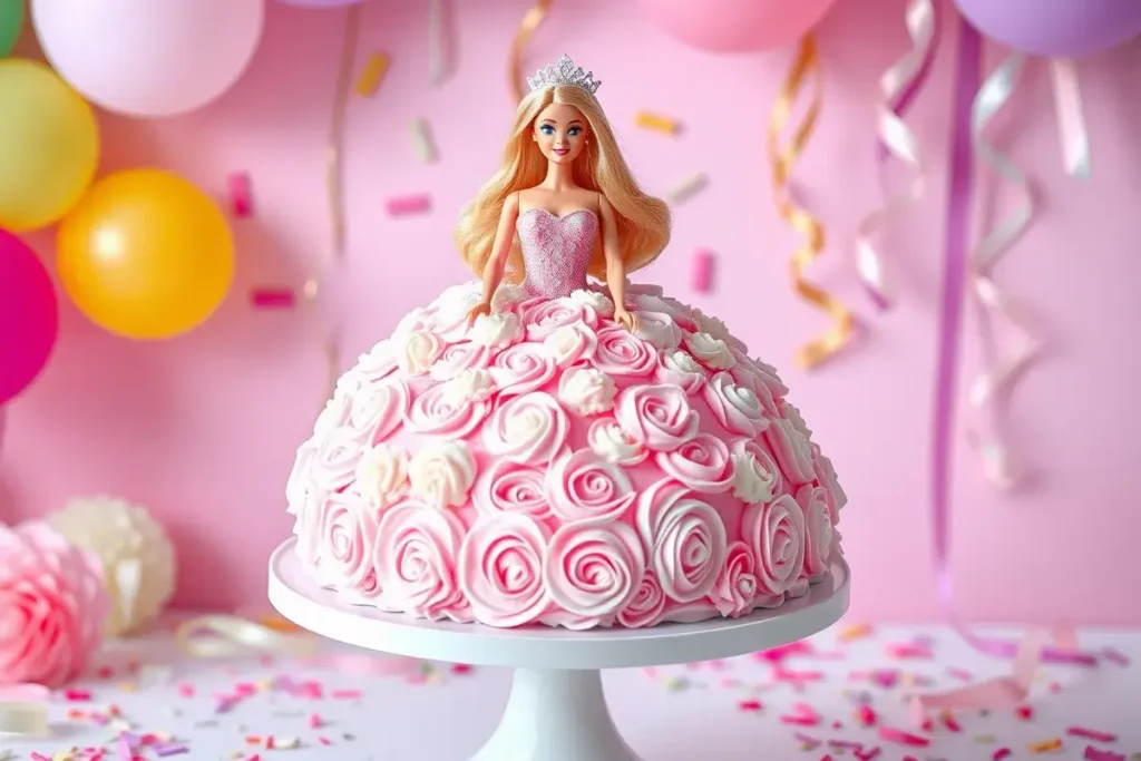 A Barbie cake with a pink and white frosted gown, designed to resemble a doll's dress, perfect for birthday celebrations and parties