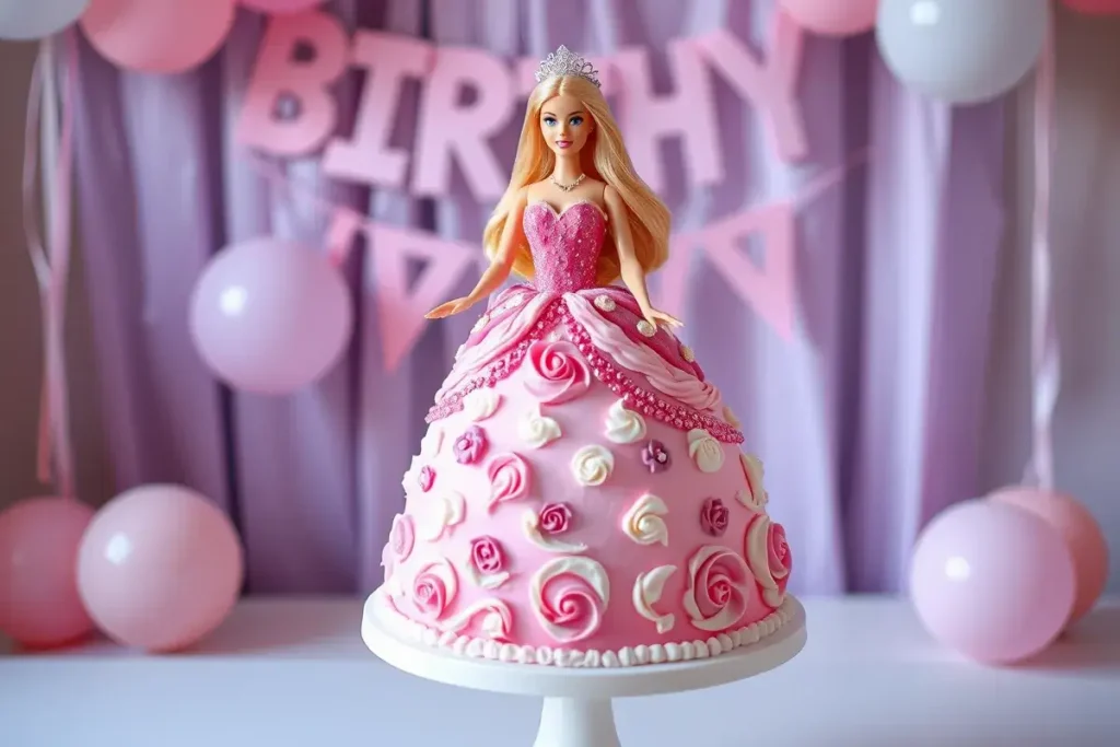 A stunning Barbie cake with a detailed pink and white frosting gown, perfect for birthdays and themed celebrations.