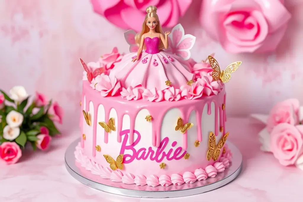 A beautifully decorated Barbie doll cake with a colorful gown made of frosting, perfect for birthday celebrations and themed parties