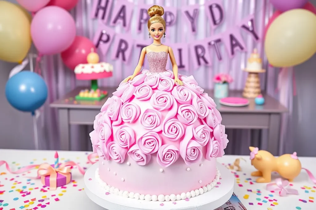 Elegant Barbie cake with pink and lavender frosting, detailed with rosettes and edible glitter, displayed on a festive party table