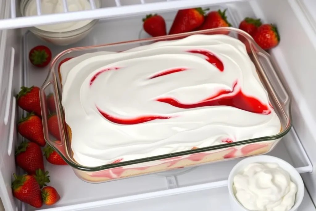 Strawberry poke cake chilling in a refrigerator with whipped cream frosting and strawberry syrup streaks, surrounded by fresh strawberries.

