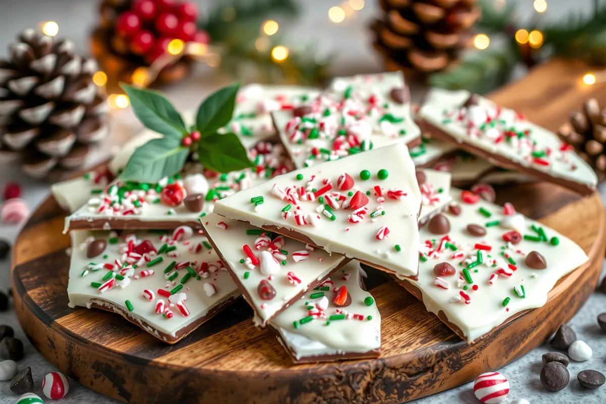 Christmas bark with white and dark chocolate, topped with festive sprinkles, candy canes, and cranberries, perfect for holiday gifting.